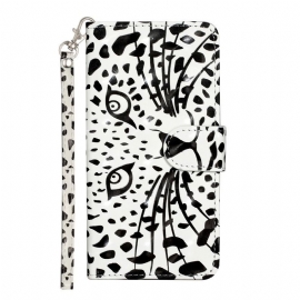 Flipové Pouzdro Na iPhone 15 Plus Na Lana 3d Leopard S Popruhem