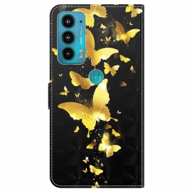 Kožené Pouzdro Na Motorola Moto E20 / E30 / E40 Ilustrace Zlatých Motýlů