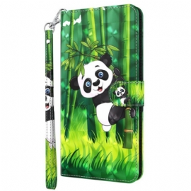 Kožené Pouzdro Na Oppo A54 5G / A74 5G Na Lana Panda A Bambus Se Šňůrkou