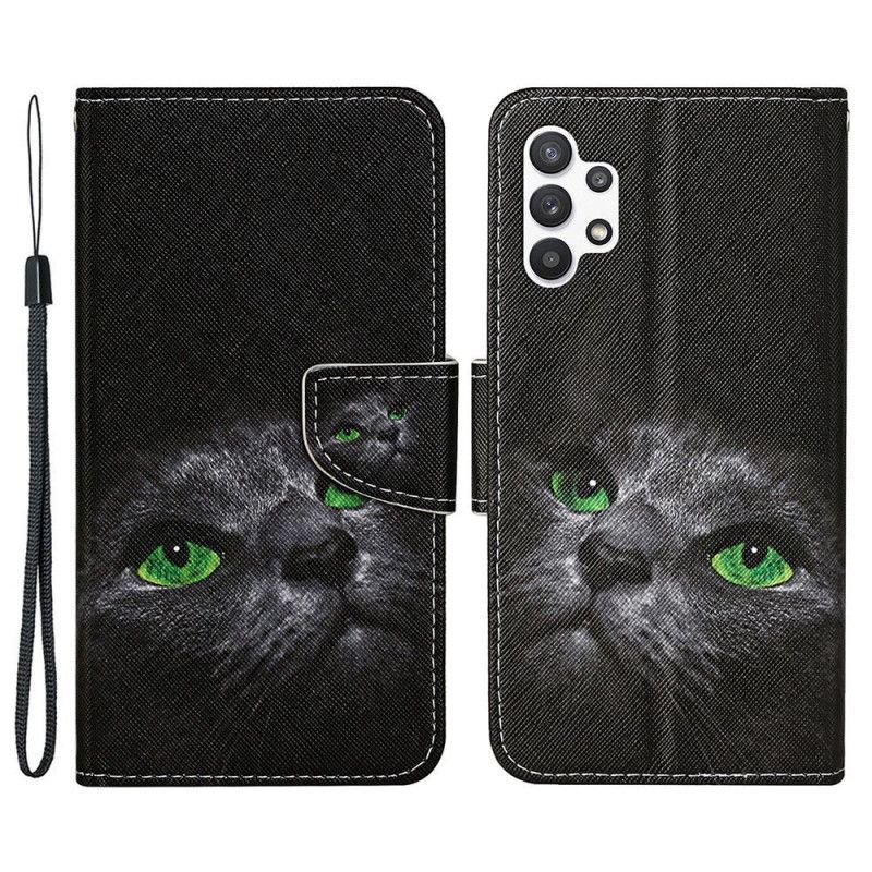 Flipové Pouzdro Na Samsung Galaxy A13 Na Lana Green Eyed Cat S Popruhem