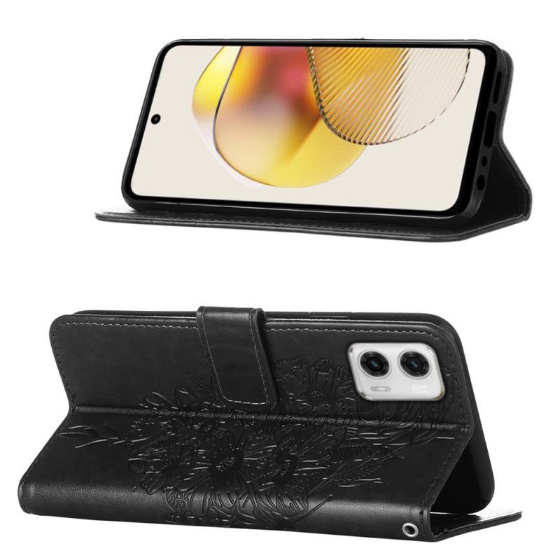 Flipové Pouzdro Na Moto G73 5G Na Lana Strappy Květinový Motýl