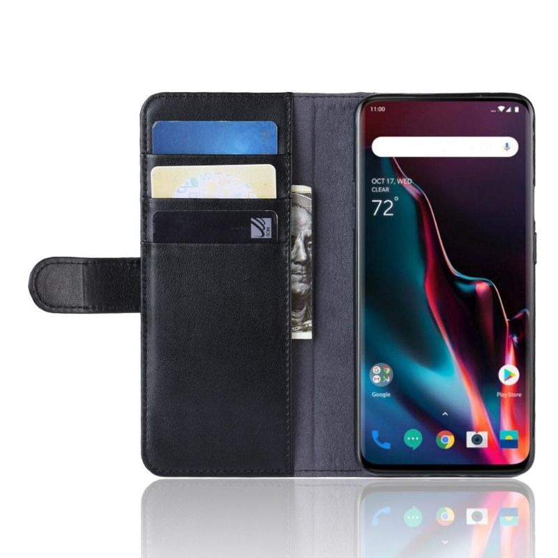 Kožené Pouzdro Folio Na OnePlus 7 Pro Prémiový Kožený Držák Karet - Černý