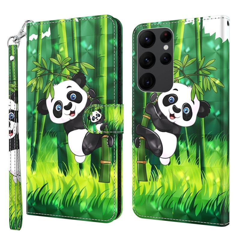 Kožené Pouzdro Na Samsung Galaxy S23 Ultra 5G Na Lana Bambusová Panda Se Šňůrkou