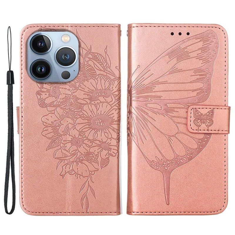 Flipové Pouzdro Na iPhone 14 Pro Max Na Lana Barokní Strappy Butterfly