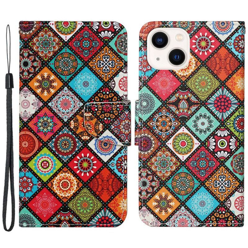 Flipové Pouzdro Na iPhone 15 Na Lana Pěkný Patchwork S Popruhem