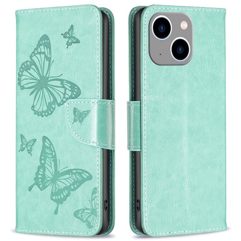 Kožené Pouzdro Na iPhone 14 Plus Na Lana Butterflies Printed Strappy