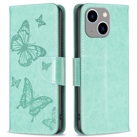 Kožené Pouzdro Na iPhone 14 Plus Na Lana Butterflies Printed Strappy