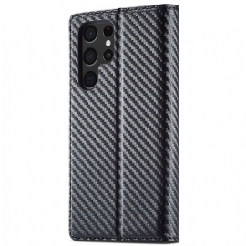 Kožené Pouzdro Na Samsung Galaxy S22 Ultra 5G Flipové Pouzdro Flip Carbon Fiber